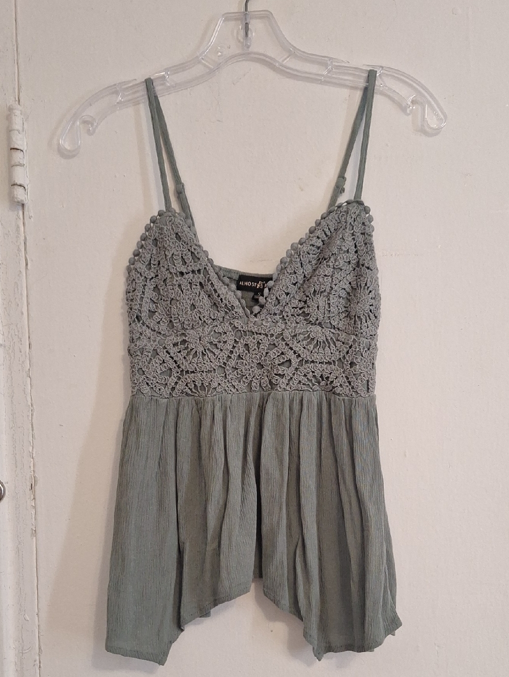 Almost Famous Crochet Bodice Spaghetti Strap Cami in Sage